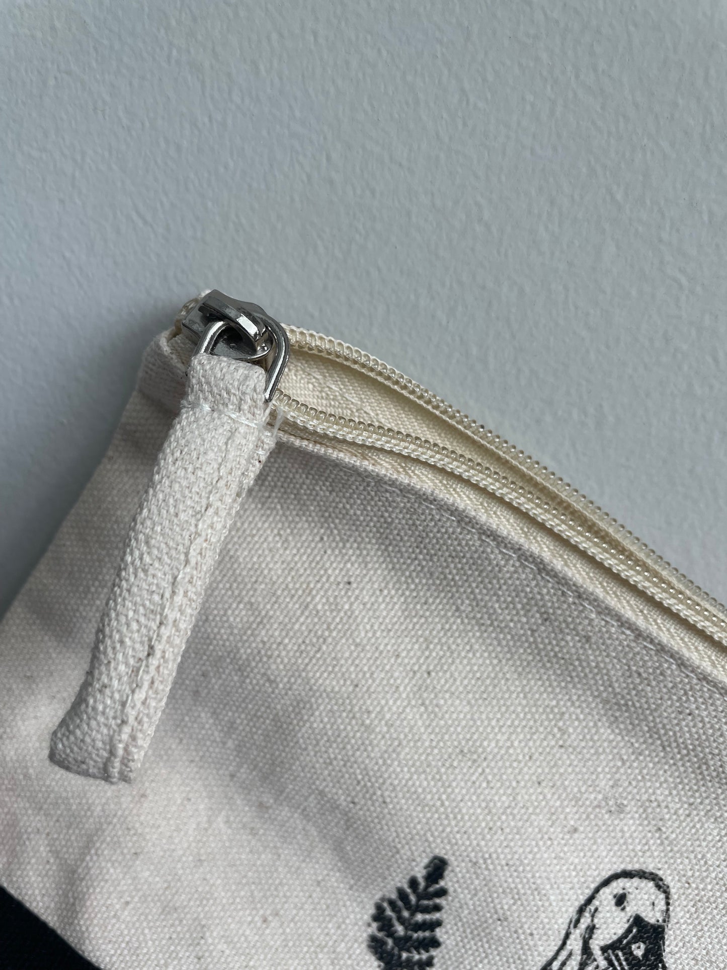Duck and Ferns Linocut Relief Printed Pencil Bag with zipper Natural Canvas And Black 6x8”