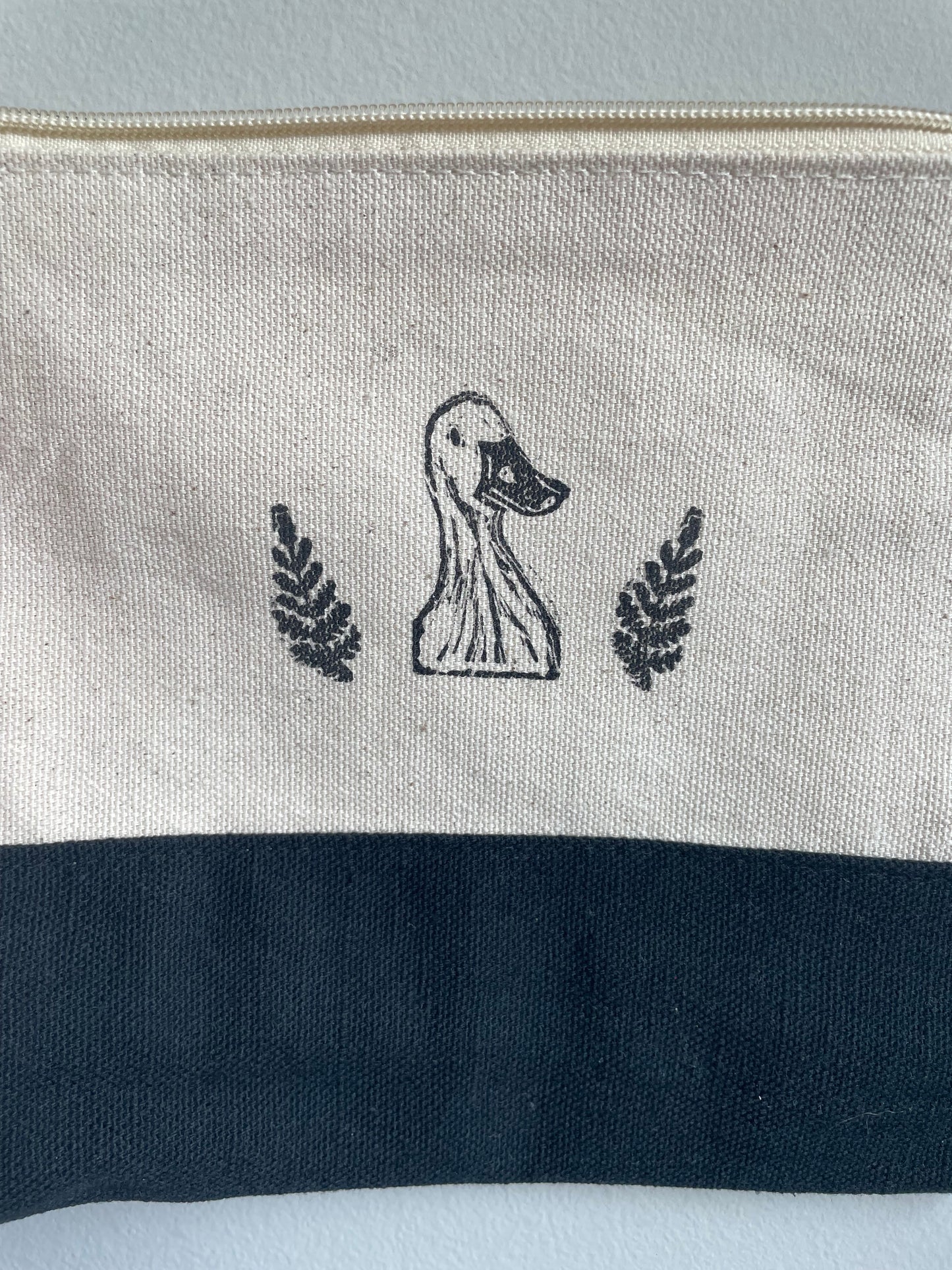 Duck and Ferns Linocut Relief Printed Pencil Bag with zipper Natural Canvas And Black 6x8”