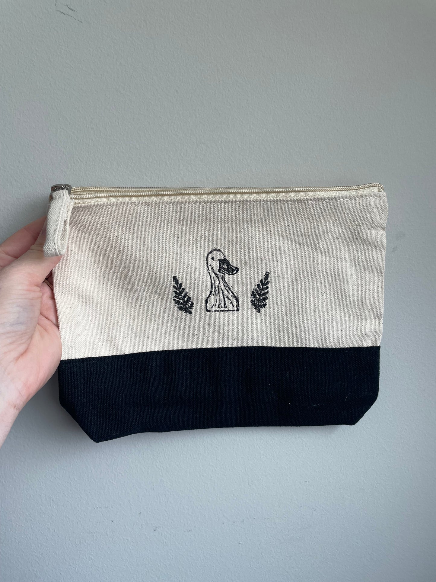 Duck and Ferns Linocut Relief Printed Pencil Bag with zipper Natural Canvas And Black 6x8”