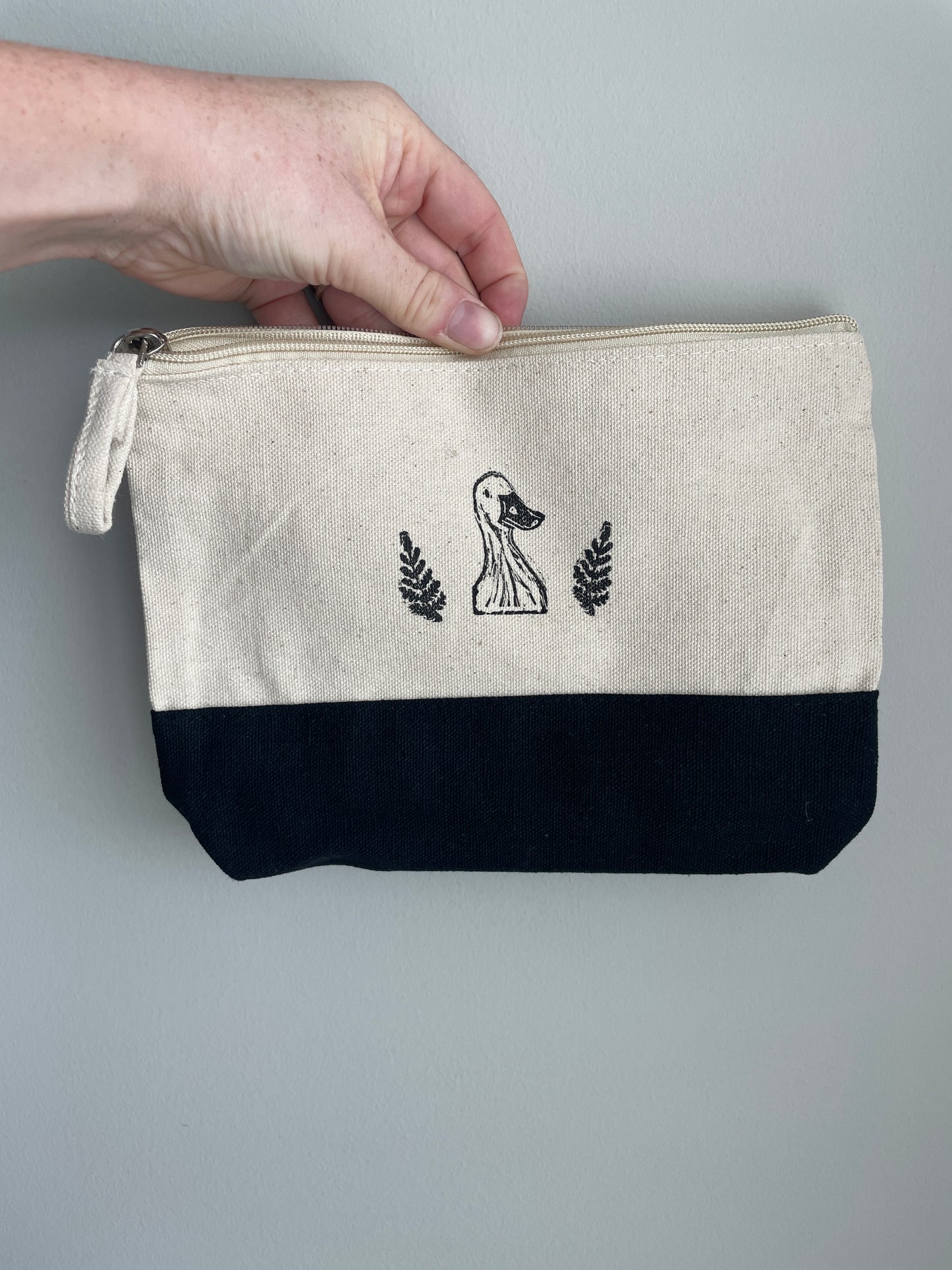 Duck and Ferns Linocut Relief Printed Pencil Bag with zipper Natural Canvas And Black 6x8”