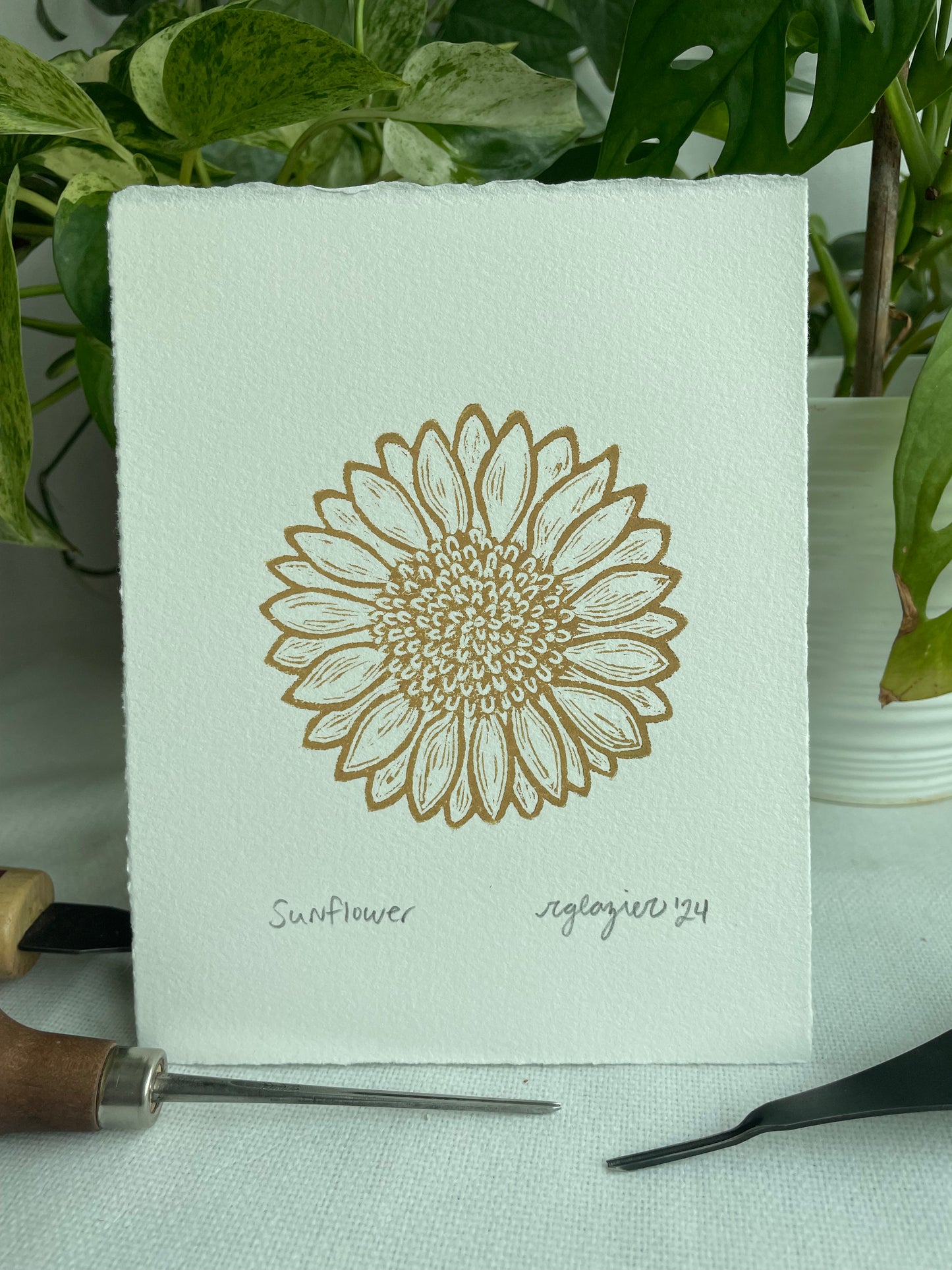 Yellow Sunflower Linocut Print