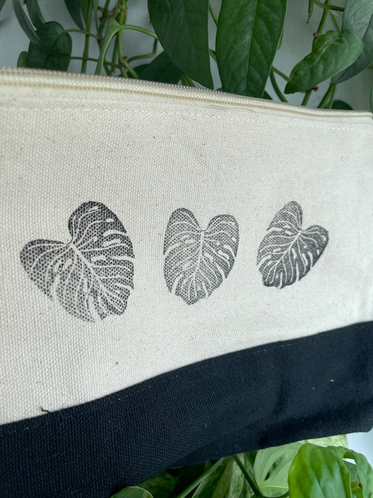 Monstera Leaves Linocut Pencil Bag 6x8in Handprinted