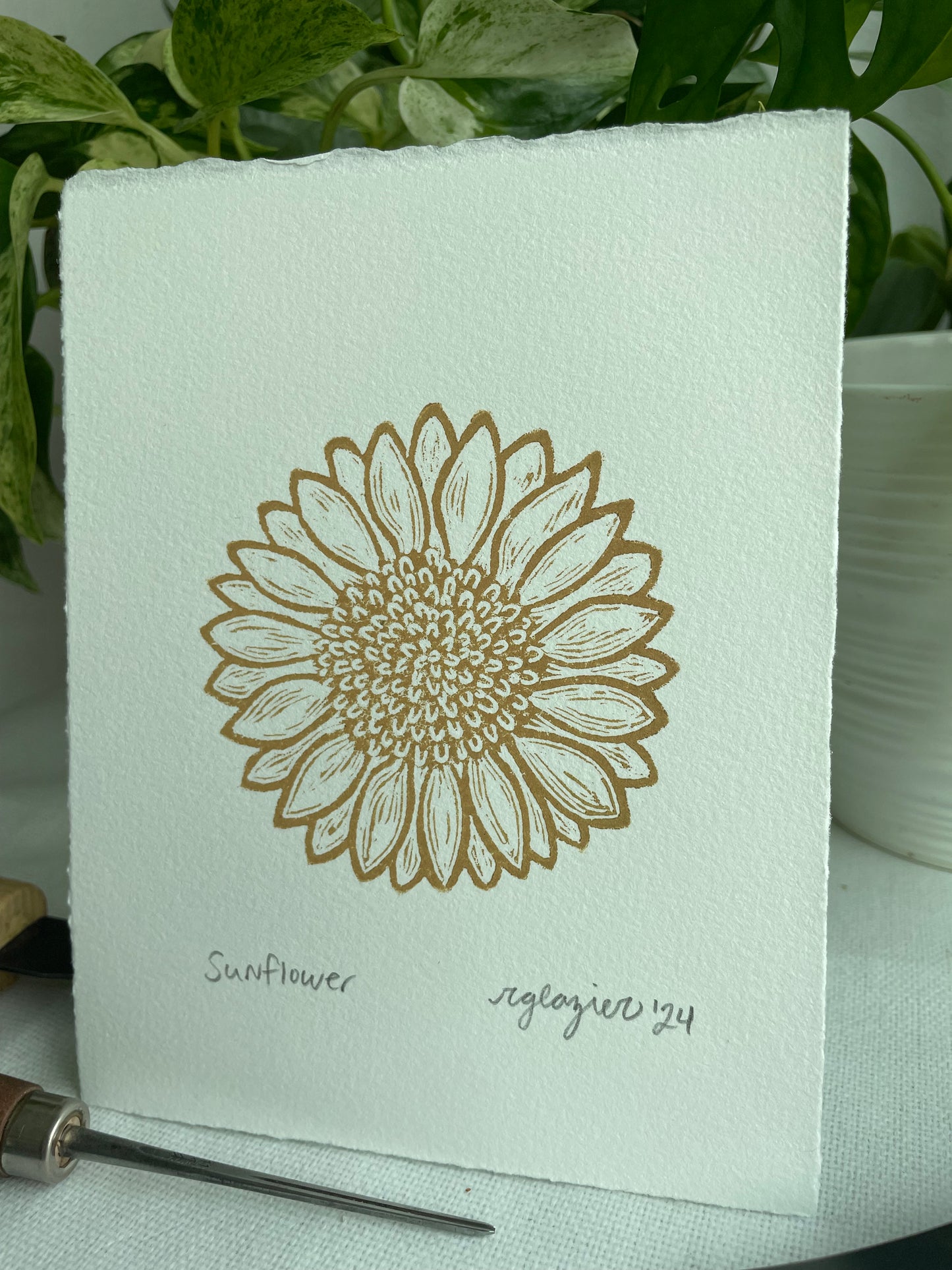 Yellow Sunflower Linocut Print