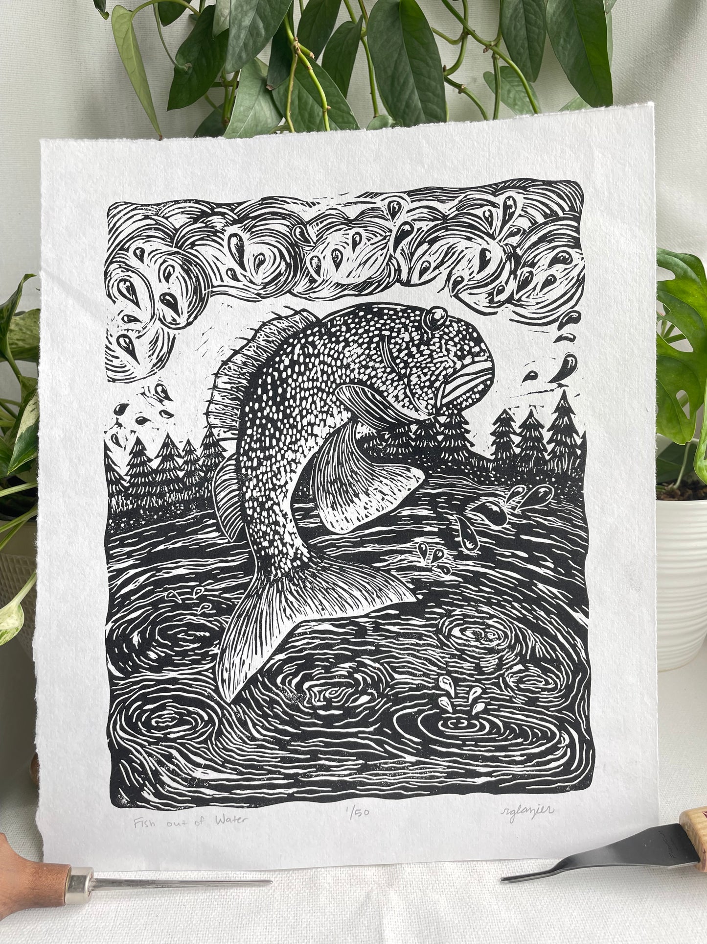 Fish , Original Limited Edition Art Linoleum Relief Block Print by R. Glazier