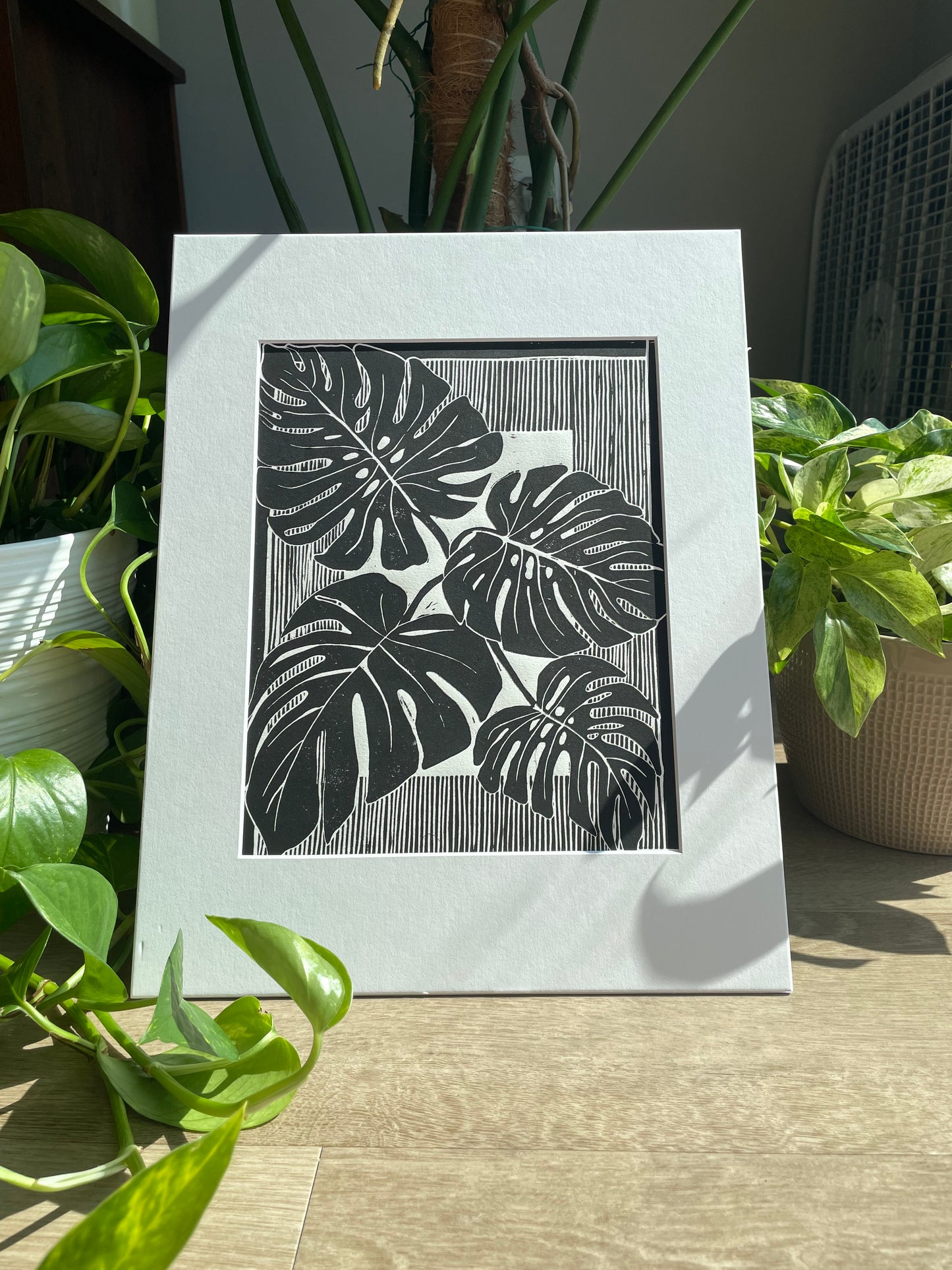 Monstera Leaves Linocut Print in Black ink (matted to 11x14”)