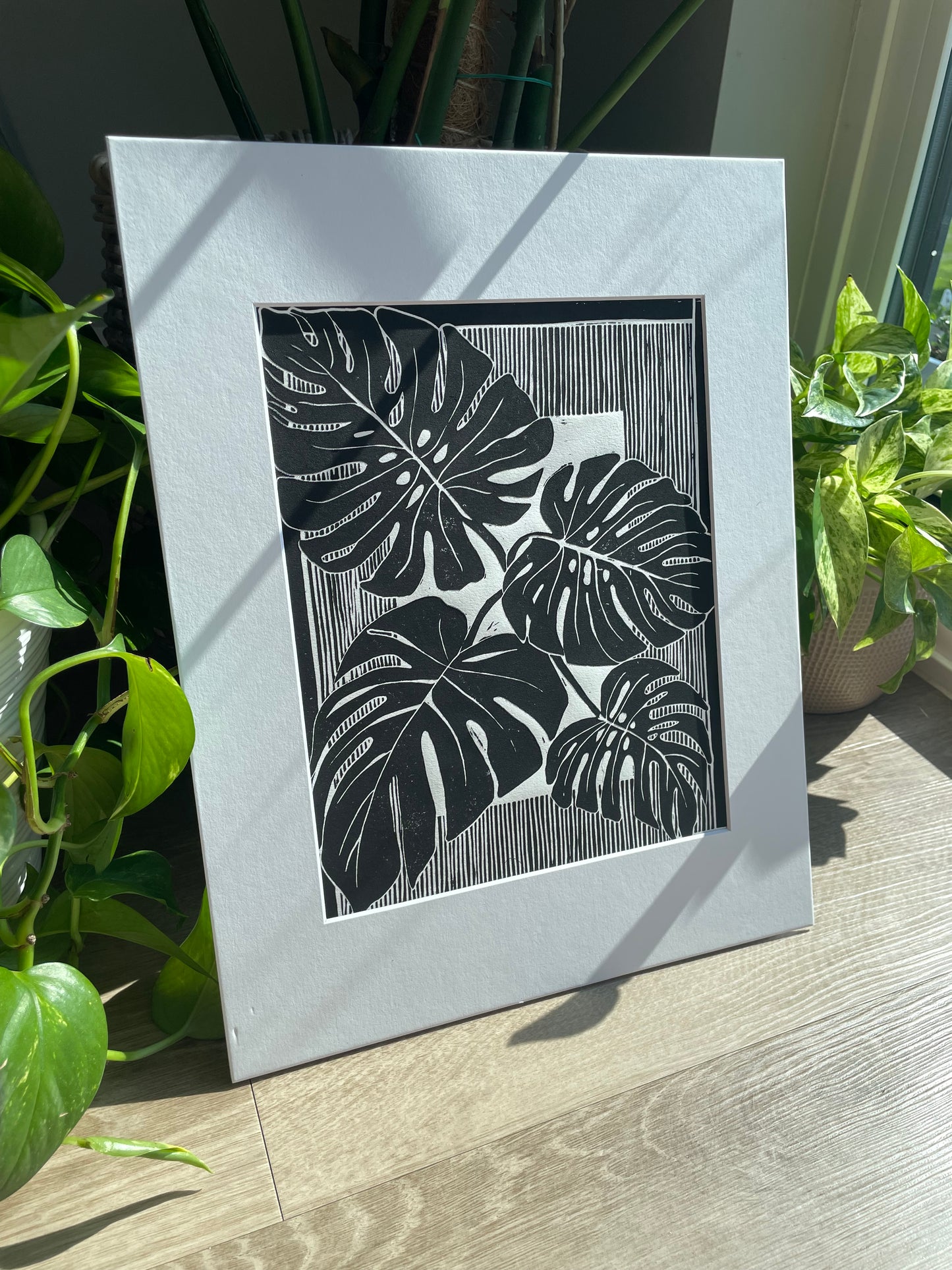 Monstera Leaves Linocut Print in Black ink (matted to 11x14”)