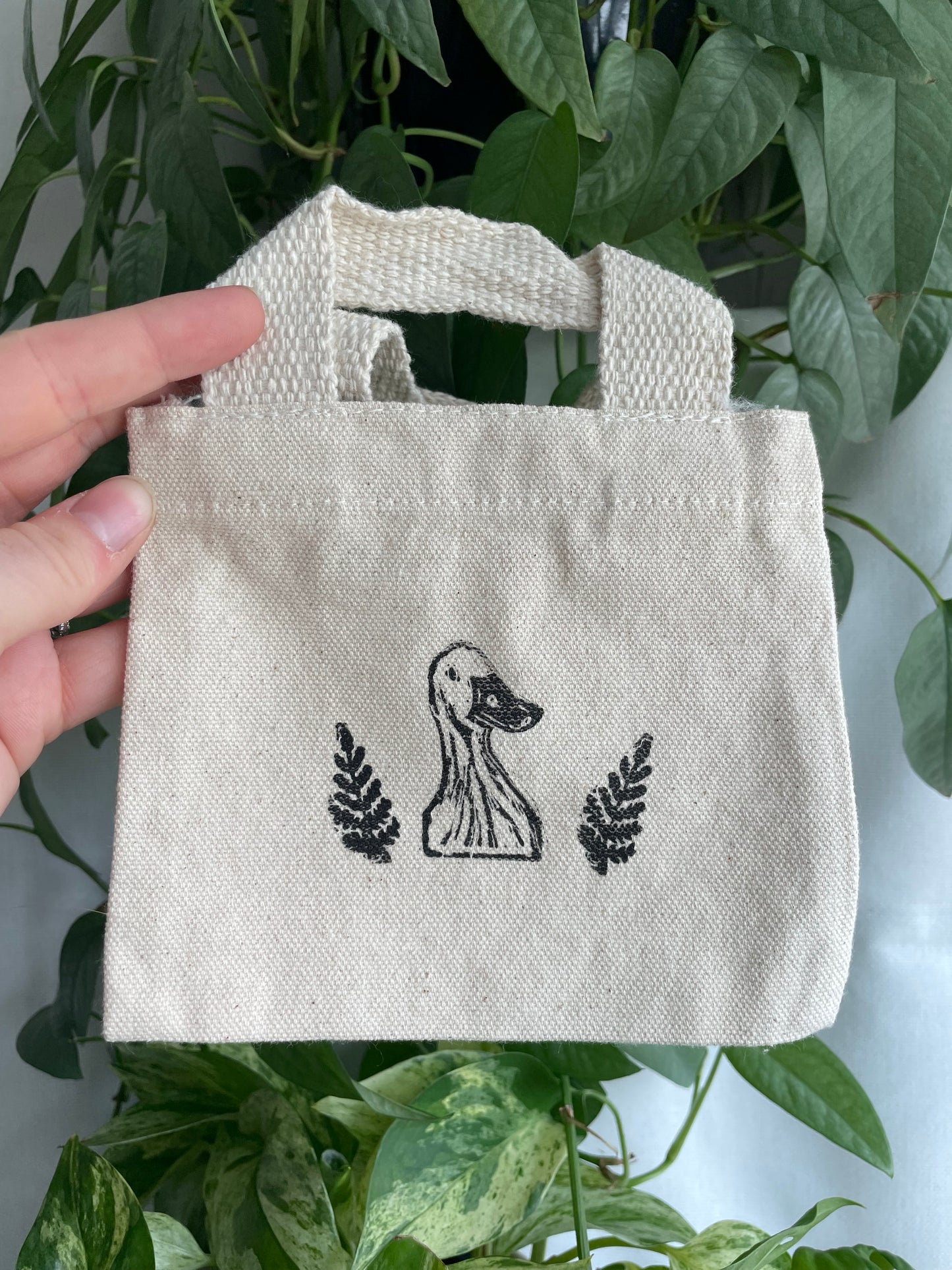 Duck and Ferns Mini Linocut Canvas Bag
