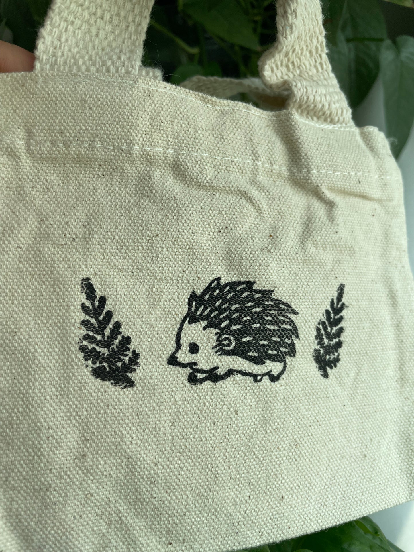 Hedgehog and Ferns Linocut Mini Canvas Tote Bag