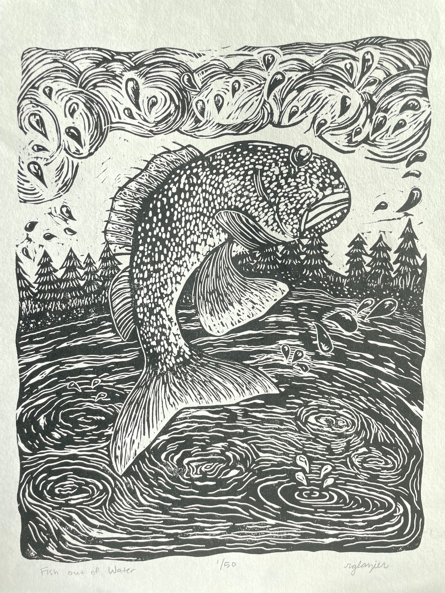 Fish , Original Limited Edition Art Linoleum Relief Block Print by R. Glazier