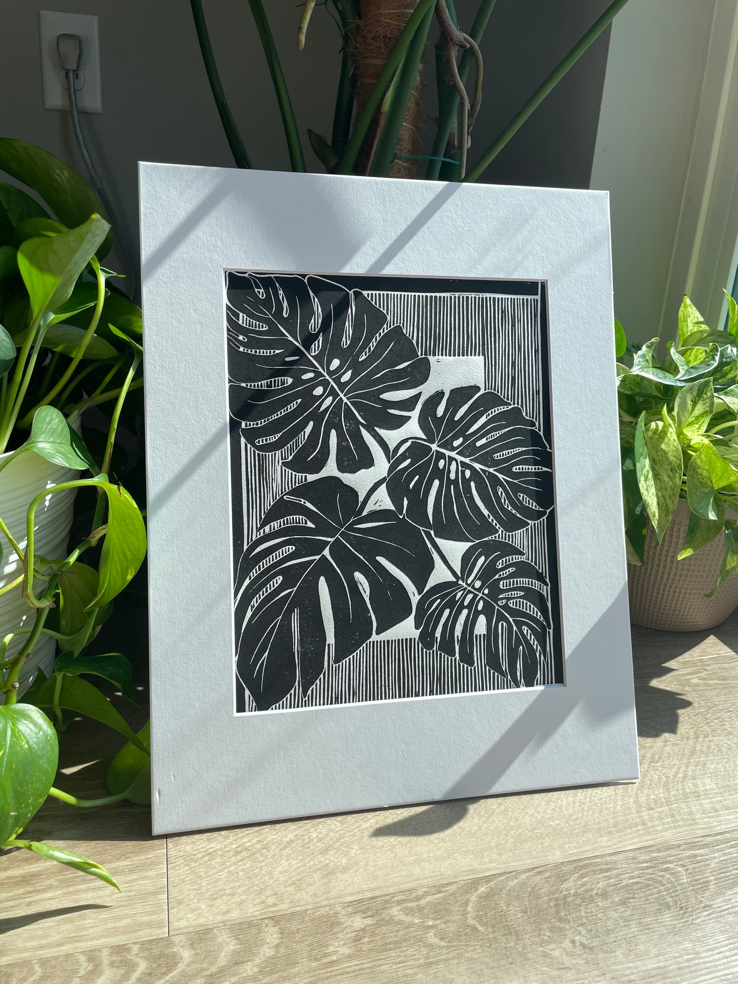 Monstera Leaves Linocut Print in Black ink (matted to 11x14”)