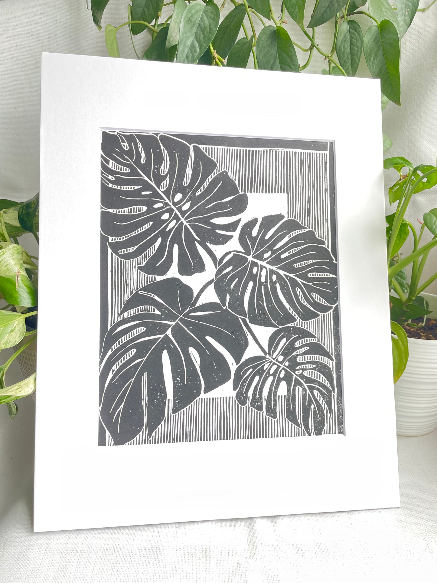 Monstera Leaves Linocut Print in Black ink (matted to 11x14”)
