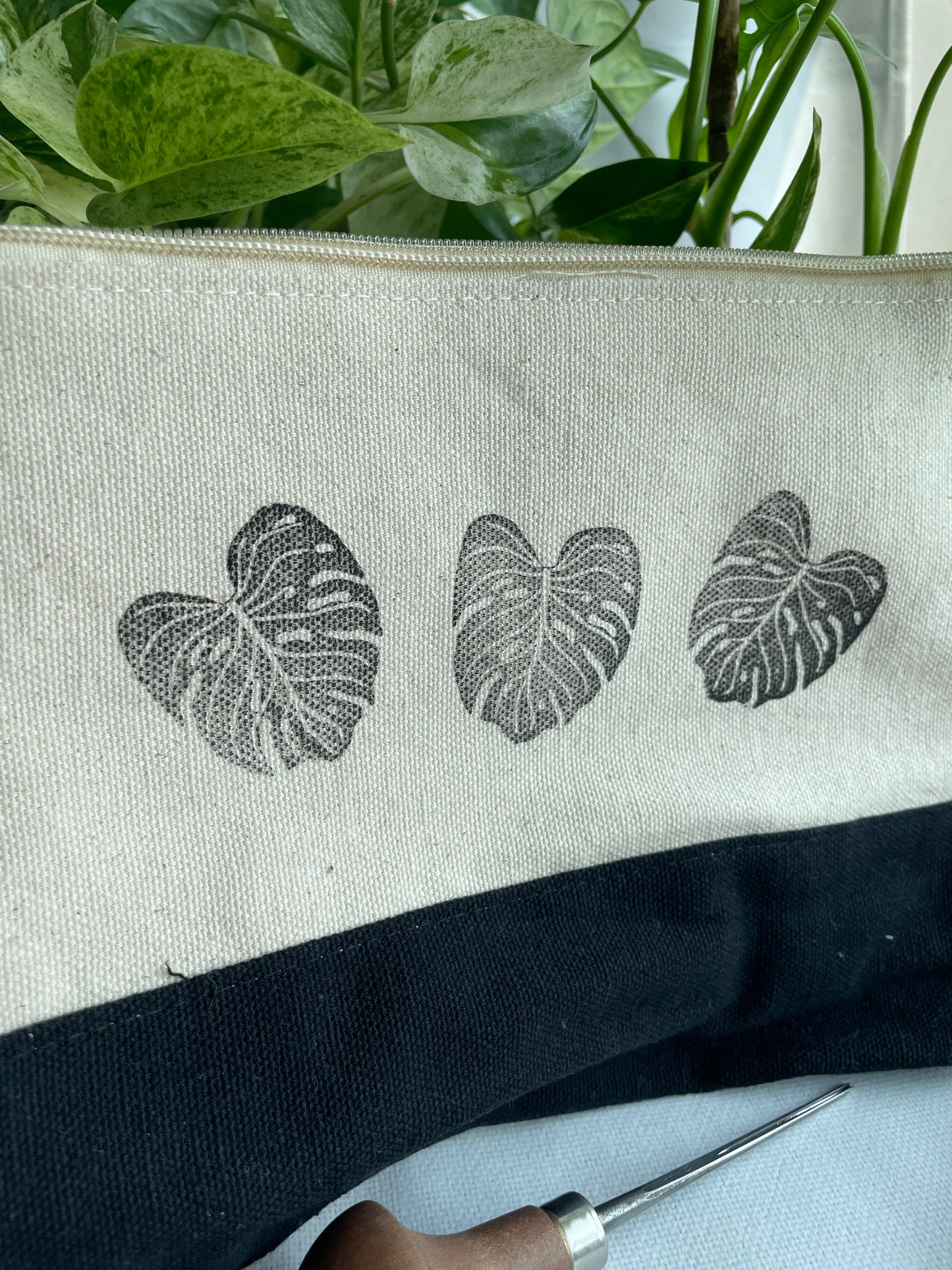 Monstera Leaves Linocut Pencil Bag 6x8in Handprinted