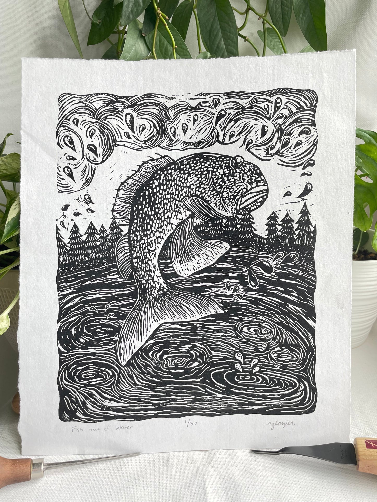 Fish , Original Limited Edition Art Linoleum Relief Block Print by R. Glazier