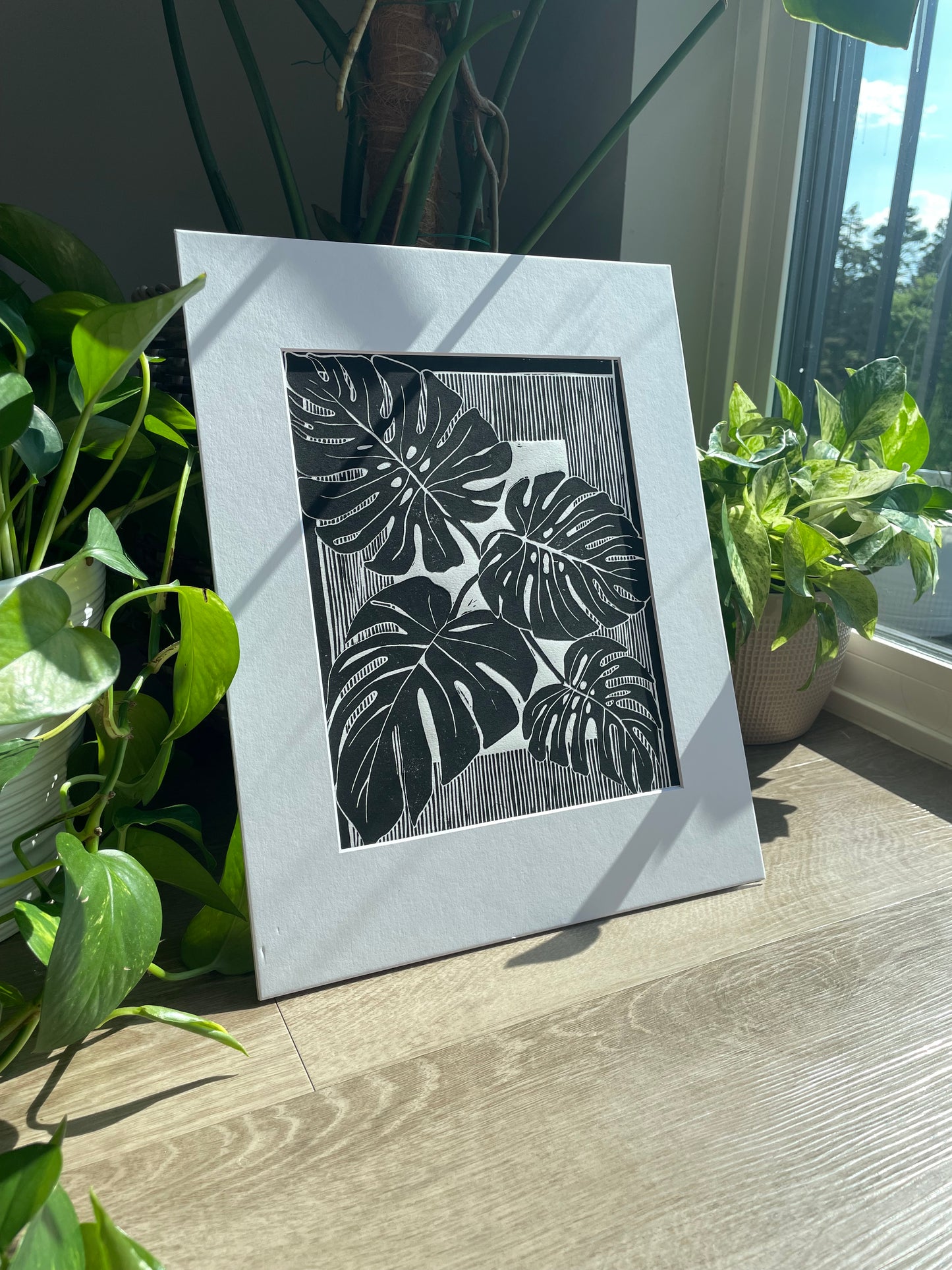 Monstera Leaves Linocut Print in Black ink (matted to 11x14”)