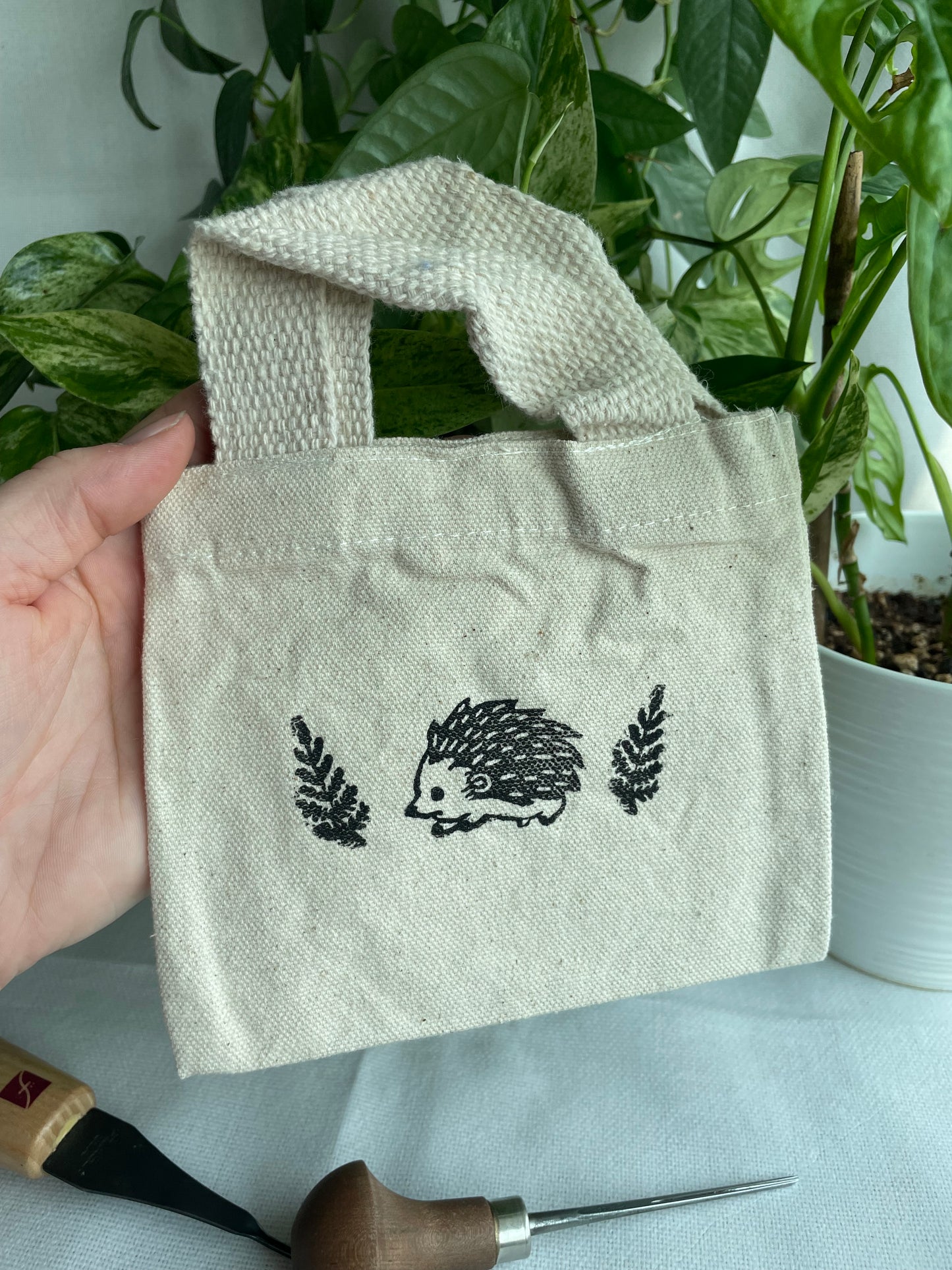 Hedgehog and Ferns Linocut Mini Canvas Tote Bag