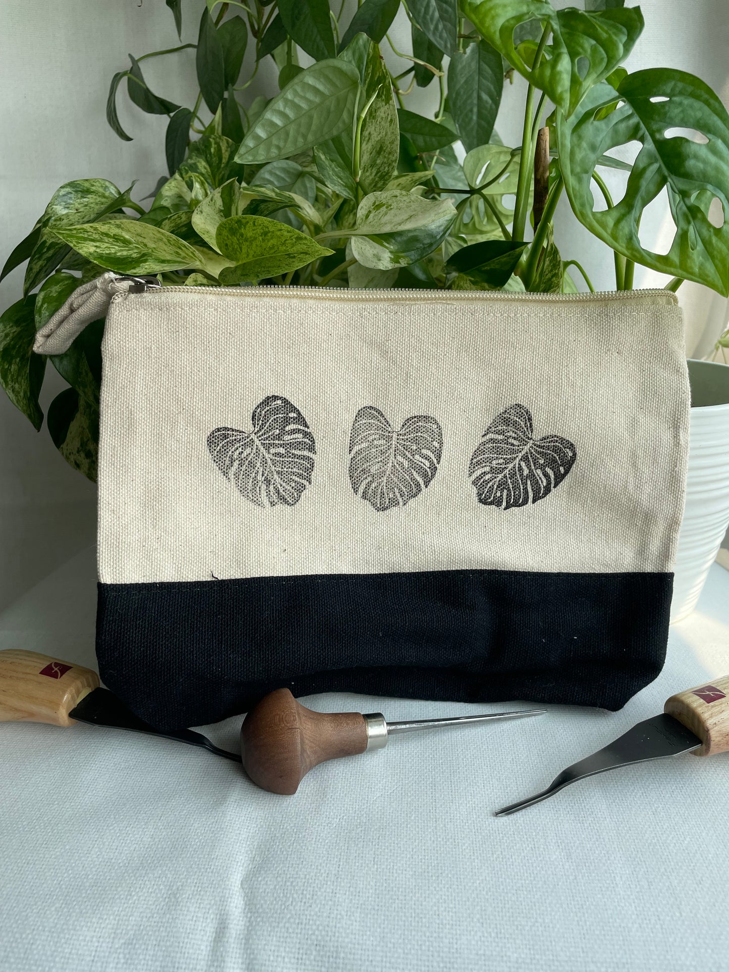 Monstera Leaves Linocut Pencil Bag 6x8in Handprinted
