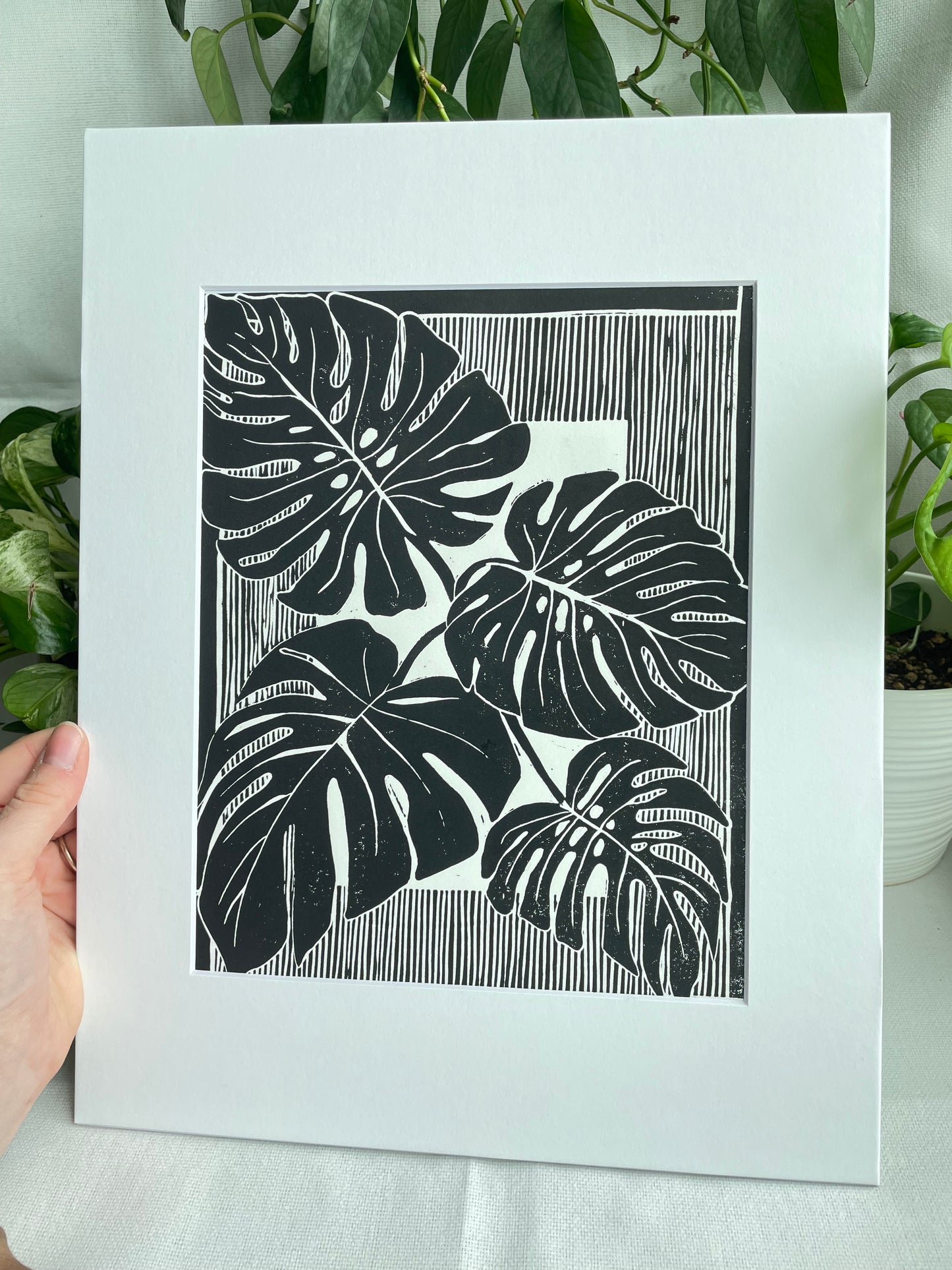 Monstera Leaves Linocut Print in Black ink (matted to 11x14”)
