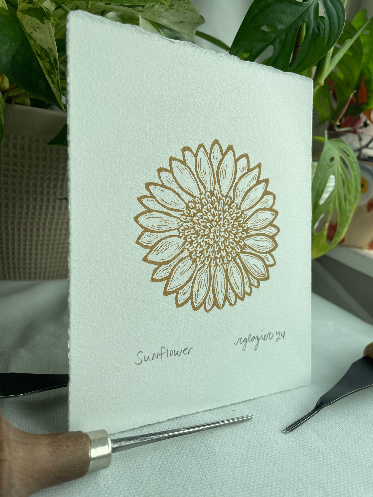 Yellow Sunflower Linocut Print