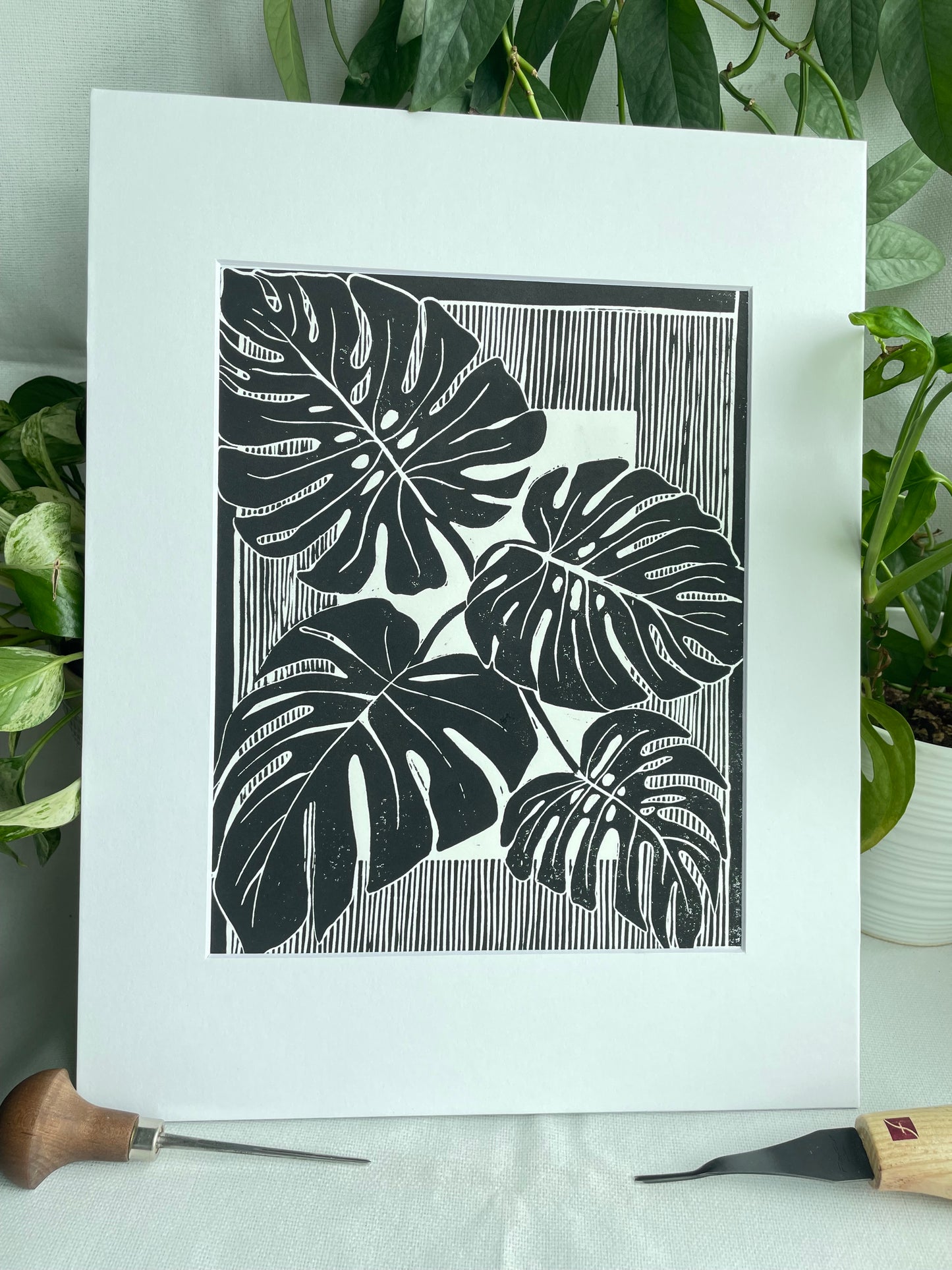 Monstera Leaves Linocut Print in Black ink (matted to 11x14”)