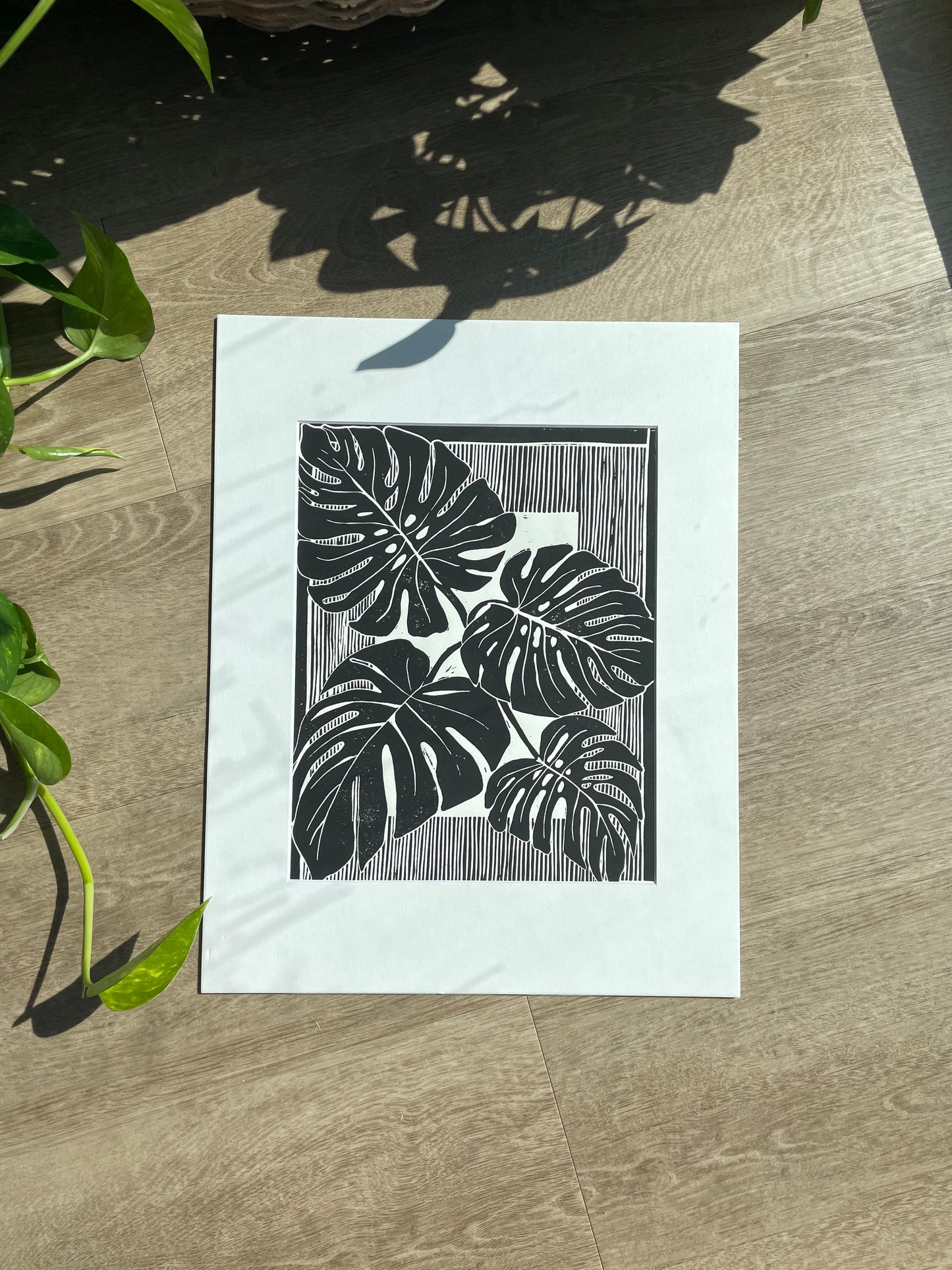 Monstera Leaves Linocut Print in Black ink (matted to 11x14”)