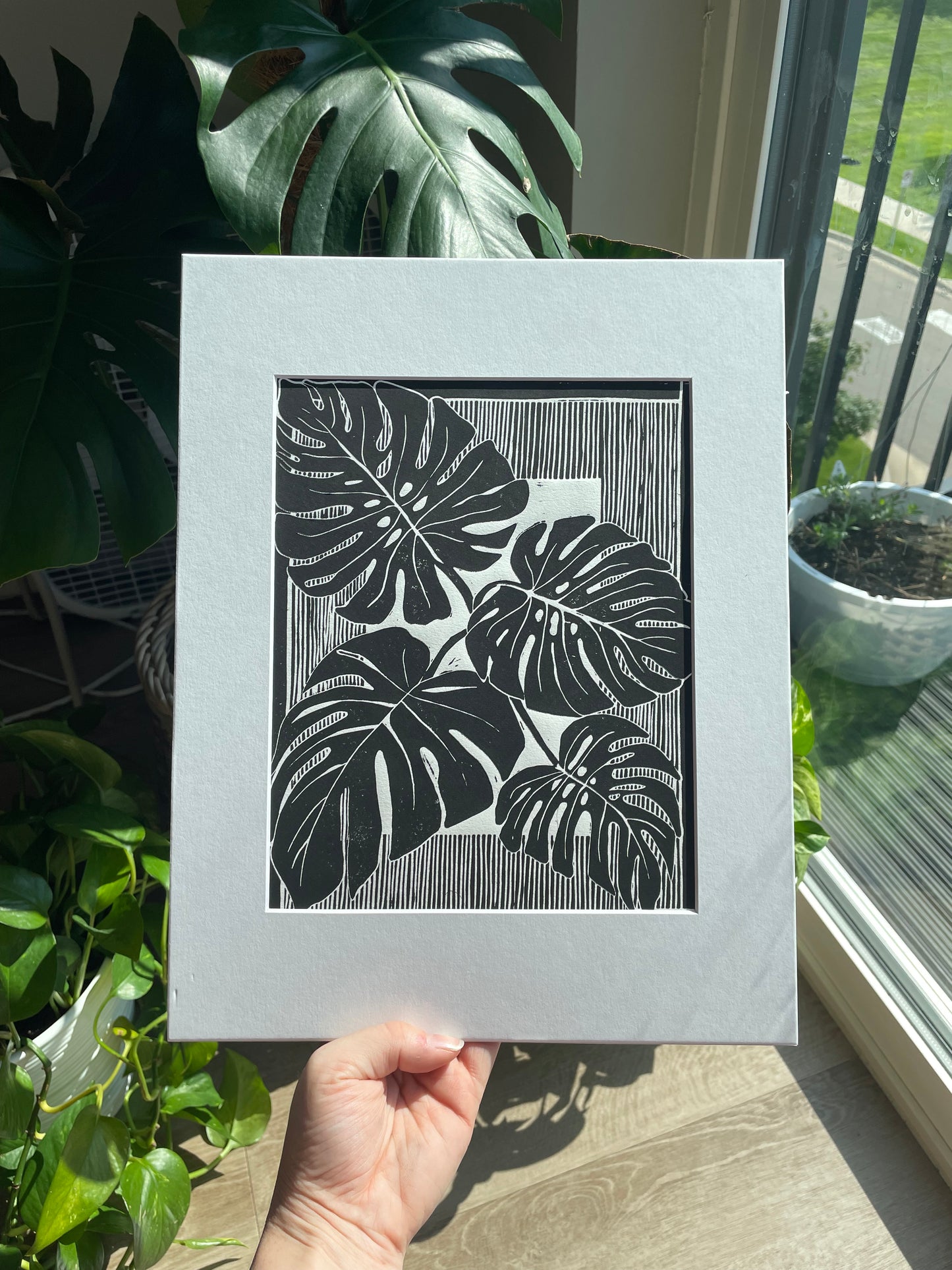 Monstera Leaves Linocut Print in Black ink (matted to 11x14”)