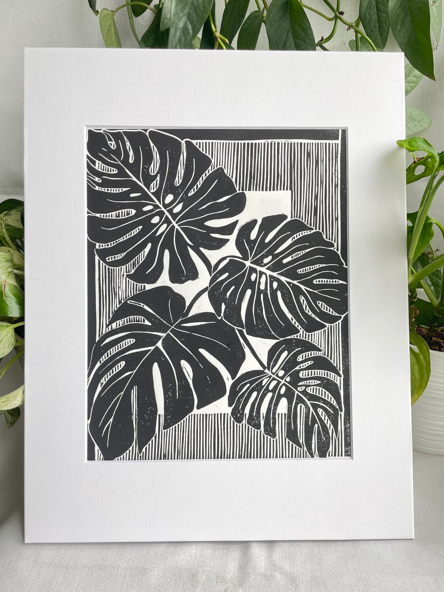 Monstera Leaves Linocut Print in Black ink (matted to 11x14”)