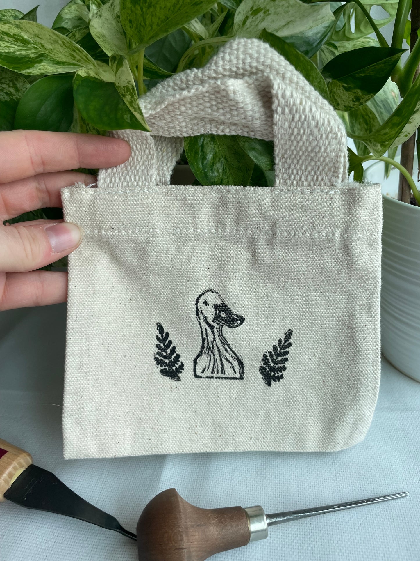 Duck and Ferns Mini Linocut Canvas Bag
