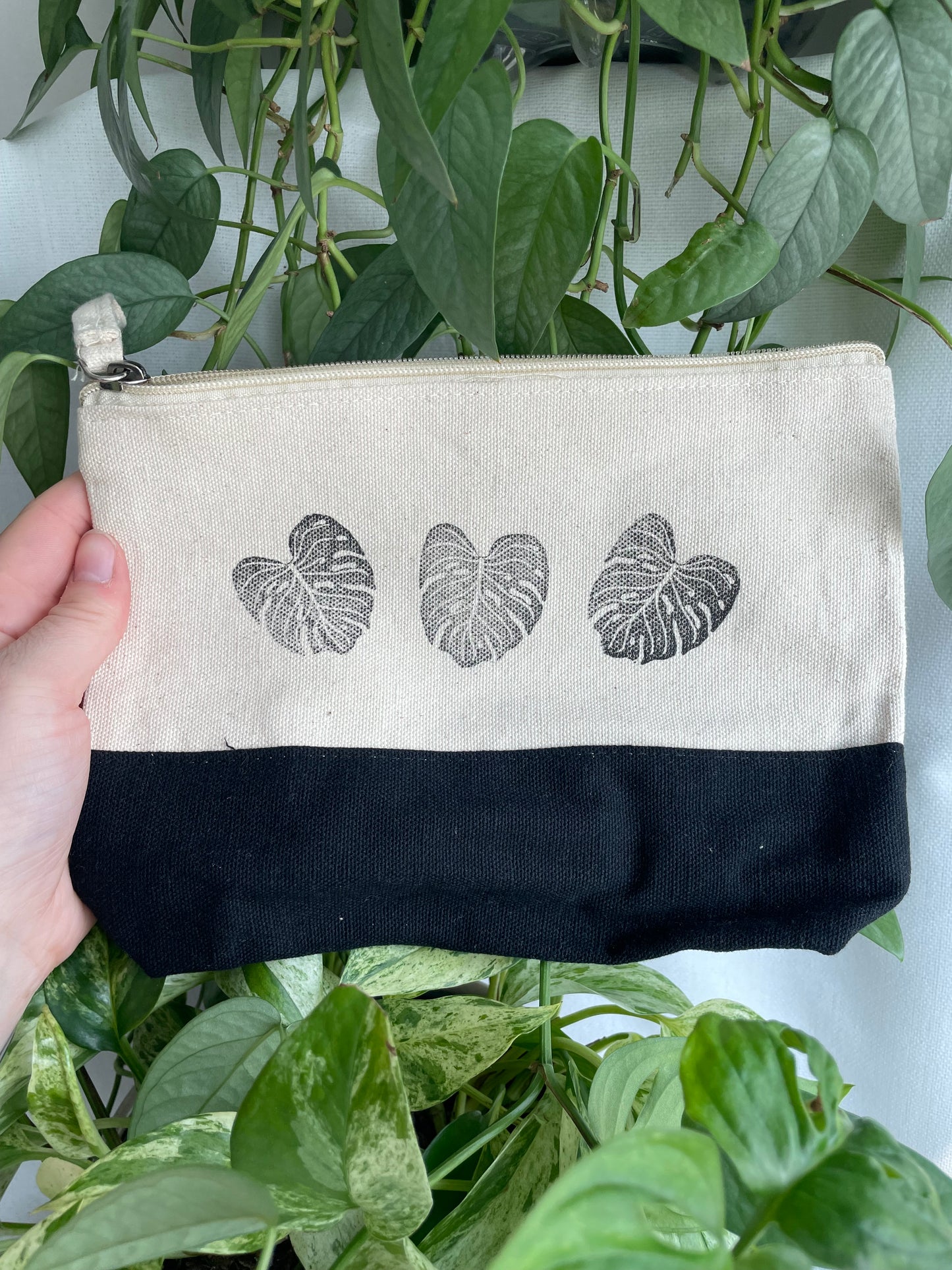 Monstera Leaves Linocut Pencil Bag 6x8in Handprinted