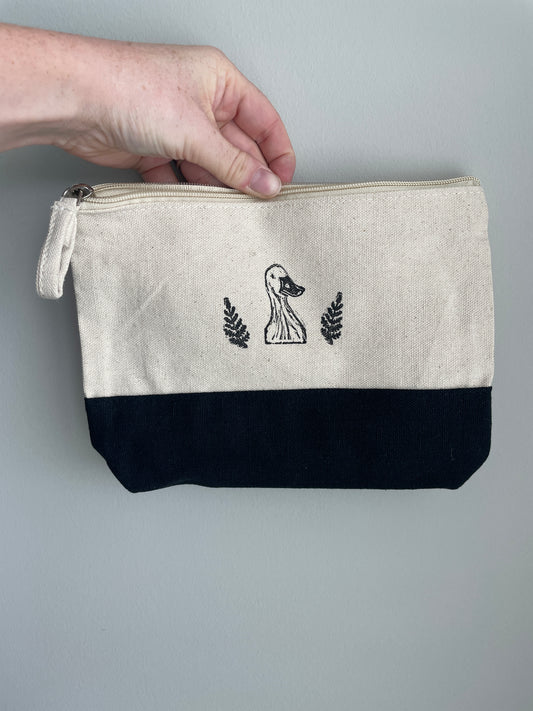 Duck and Ferns Linocut Relief Printed Pencil Bag with zipper Natural Canvas And Black 6x8”