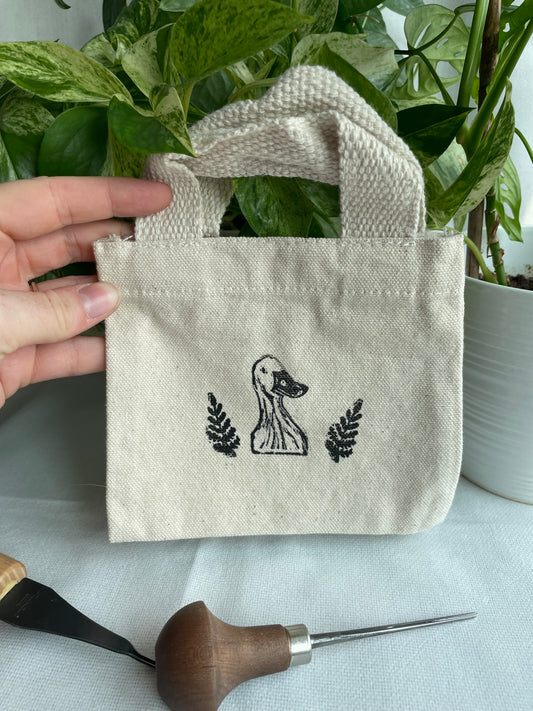 Duck and Ferns Mini Linocut Canvas Bag