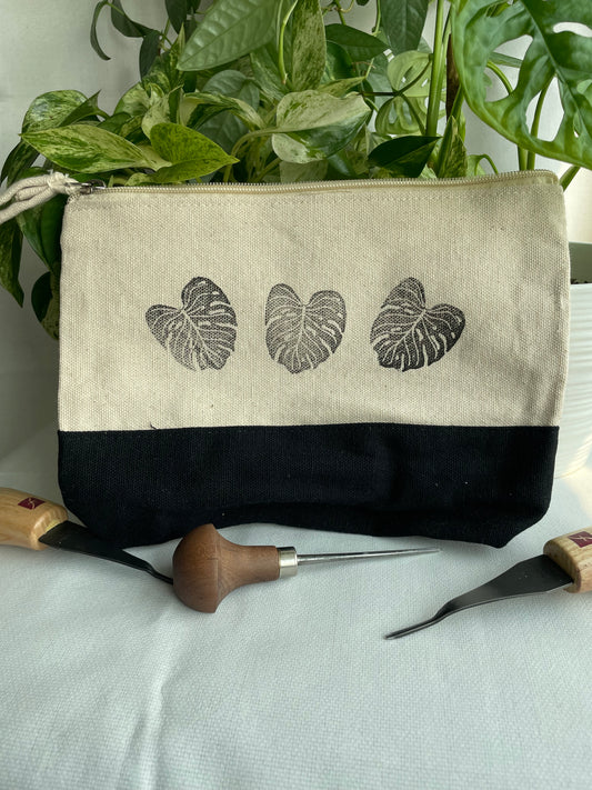 Monstera Leaves Linocut Pencil Bag 6x8in Handprinted